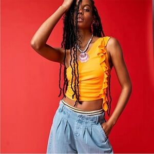 Free People Yellow Crop Ruffled Tank Top